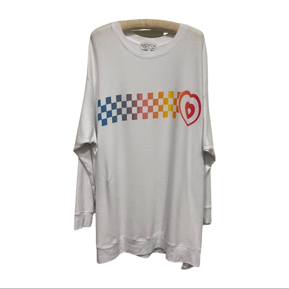 Wildfox Rainbow Checkered Oversized Jumper White Sweater